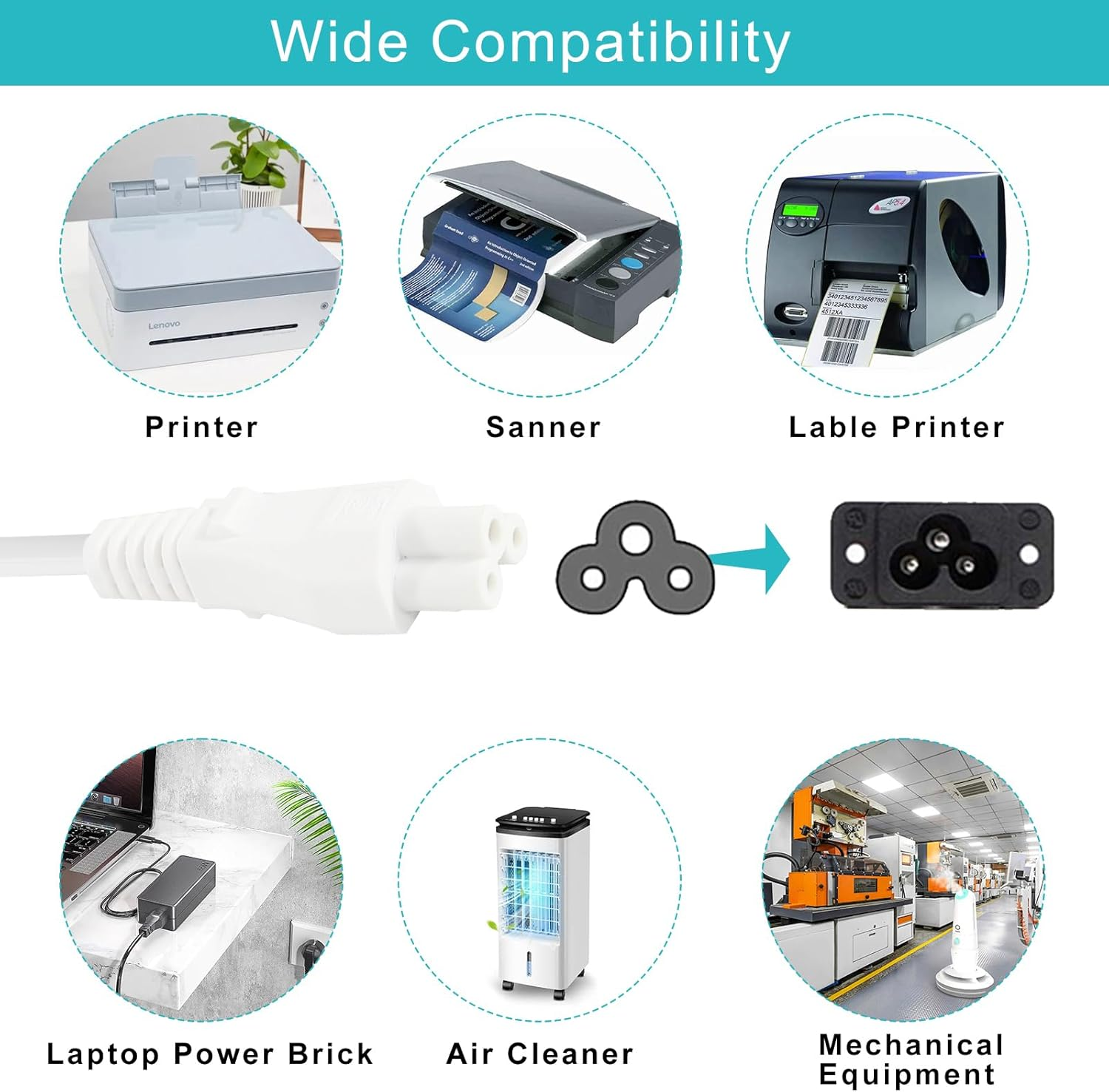 White 3-Pin IEC-C5 Power Cable 50Cm Replacement Clover Charging Cable 0.5 Meter Australia Clover Leaf Cord image number 2