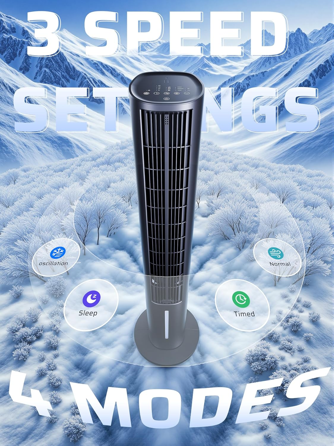 Bladeless Tower Fan Cooling - Portable Air Conditioner with Remote, 3L Water Tank, 3 Speeds, 4 Modes, 12H Timer, 80&deg; Oscillating Tower Fans Air Purification Cooler for Home, Bedroom, Baby Rooms, Black image number 3