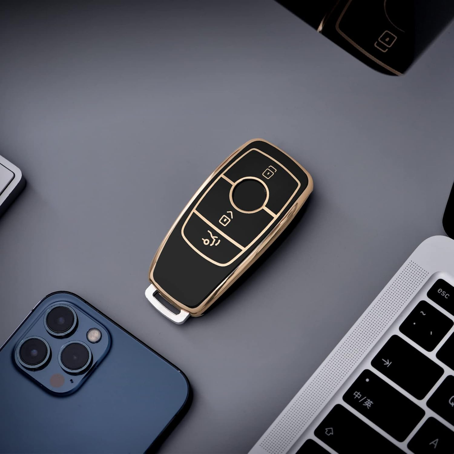 OATSBASF Key Cover for Mercedes,Car Key Protective Cover for Mercedes Benz E Class 2017 S 2018 Remote Fob Key (Golden Edge-Black)