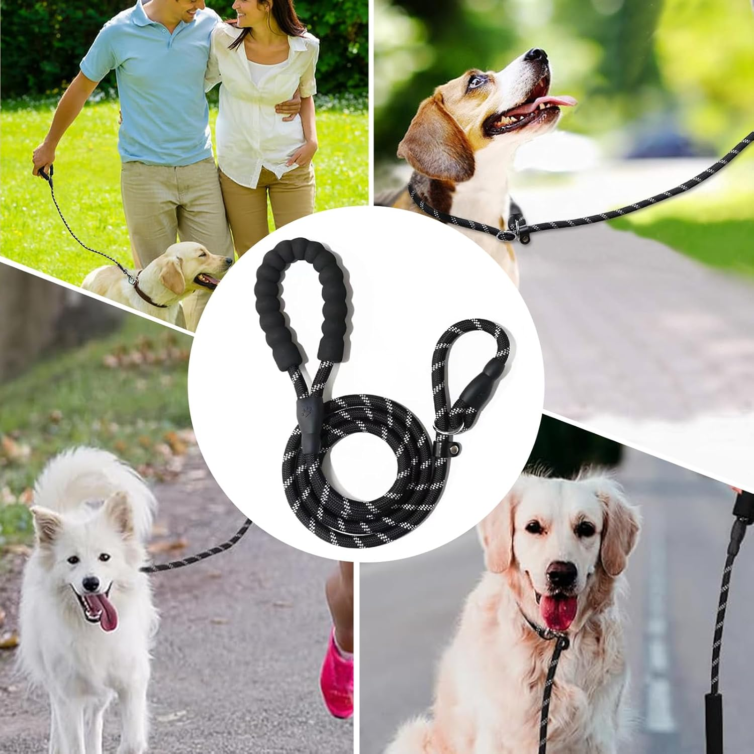 1.2M Non-Slip Lead Dog Leashes with Comfortable Padded Handle, Anti-Choking Rope Dog Non-Slip Leash, Reflective Strong Sturdy Heavy Duty Rope Leash, Dog Training Leash for Medium Large Dogs (Black)