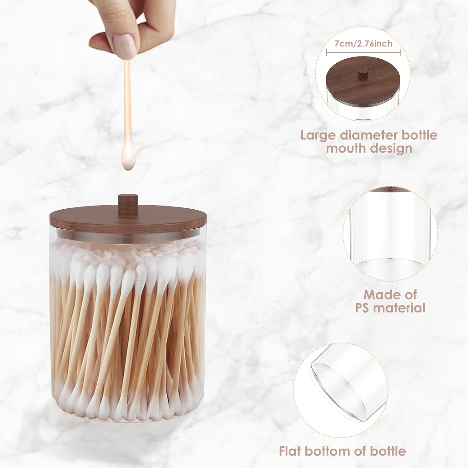 ZFLYCANP Holder Dispenser for Cotton Ball Small Clear Plastic Canister Apothecary Jar Set Cotton Swab Cotton round Pads Apothecary Jar Organizer for Storage Wood Lids image number 2