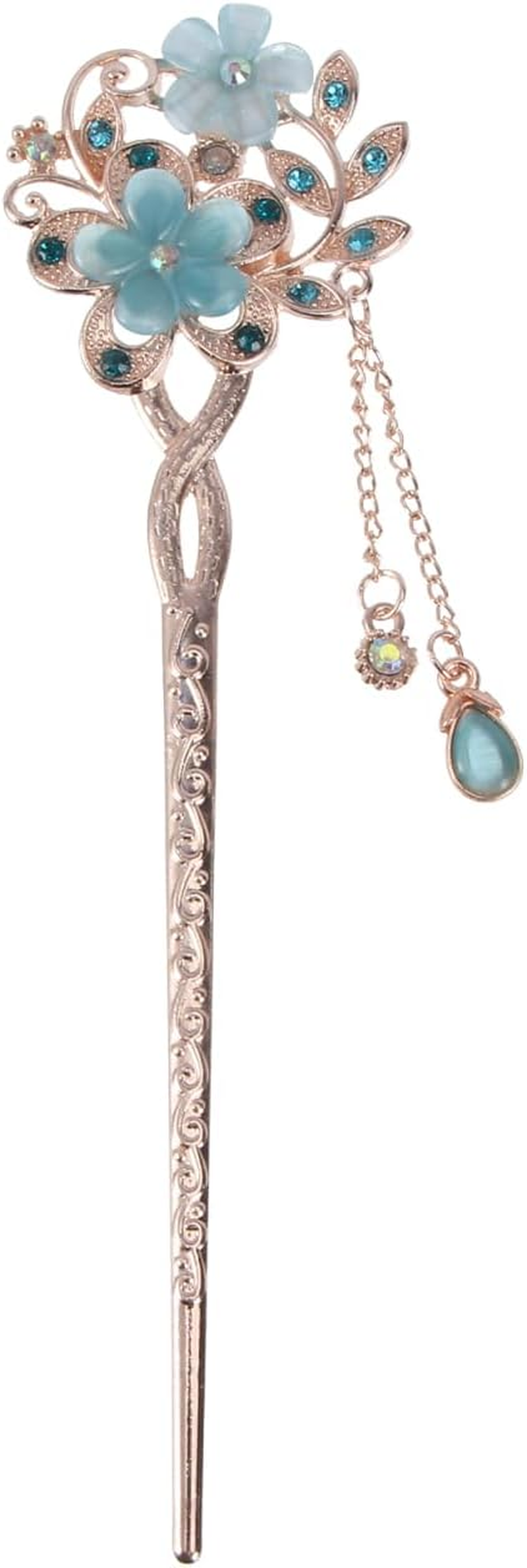 Minkissy Rhinestone Flower Hair Sticks Blue Cat'S Eye Gemstones Vintage Chinese Hanfu Hair Chopsticks with Tassel Floral Hairpins Hair Styling Accessories