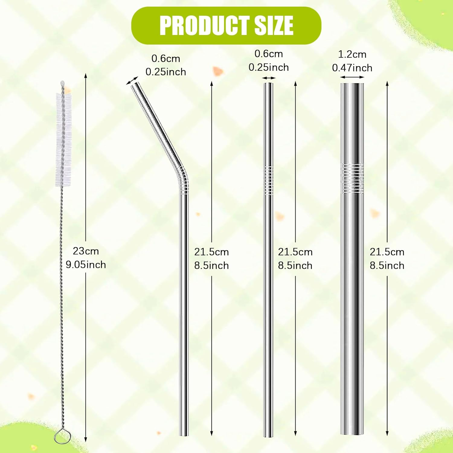 14 Pcs Stainless Steel Straws, Long Metal Straws, Reusable Metal Straw Set with Straight Bent Wide Straws, Straw Brushes and Straw Pouch for Smoothie Milkshake Cocktail Drinks (Silver) image number 1