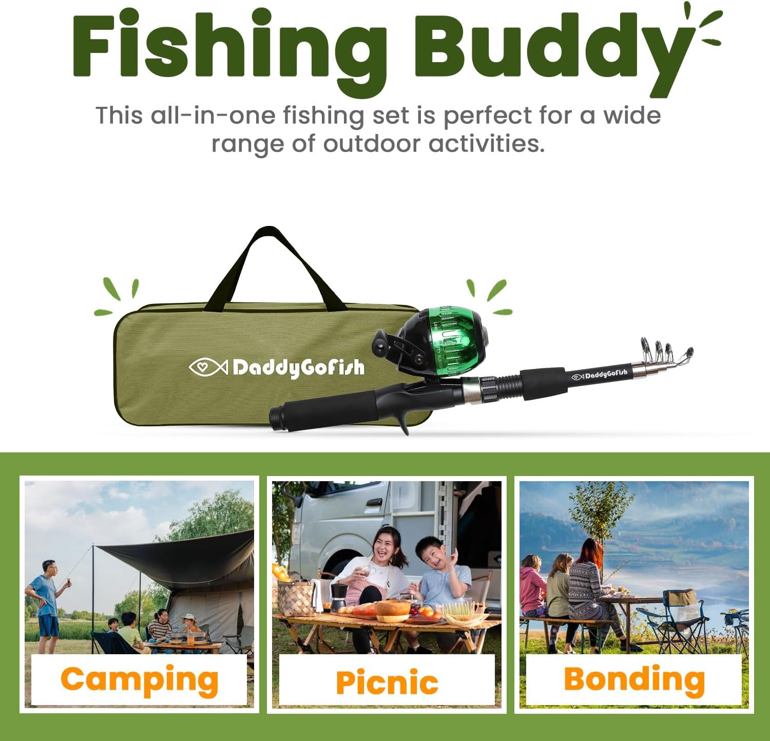 Daddygofish Kids Fishing Pole - Rod Reel Combo Tackle Box Starter Set - First Year Small Dock Gear Kit for Boys Girls Toddler Youth Age Beginner Little Children Junior Anglers - Green image number 1