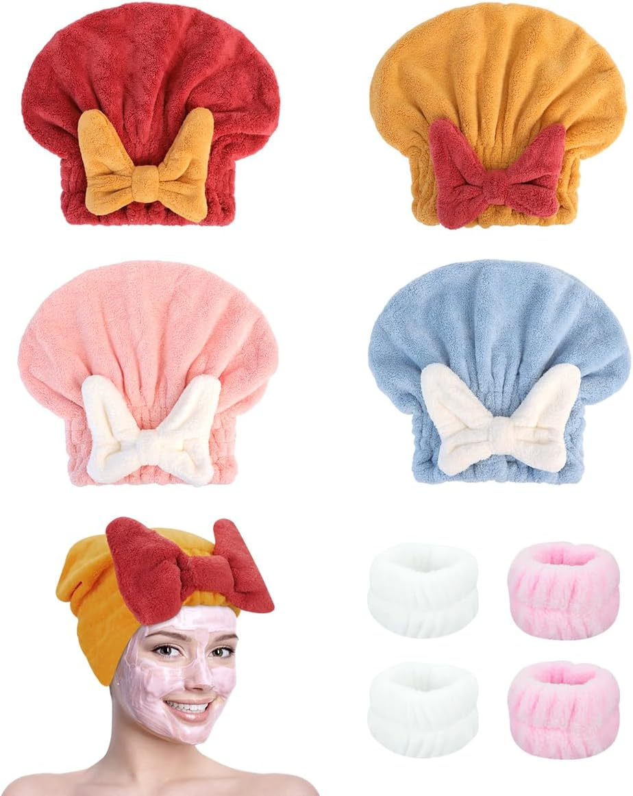 4Pcs Super Absorbent Hair Towel Wrap, FHDUSRYO Microfiber Hair Drying Towel Caps, Bowknot Fast Drying Hair Turban Wrap Towel with 4 Washing Wristbands, Soft Quick Drying Cap for Women, Wet Hair image number 3