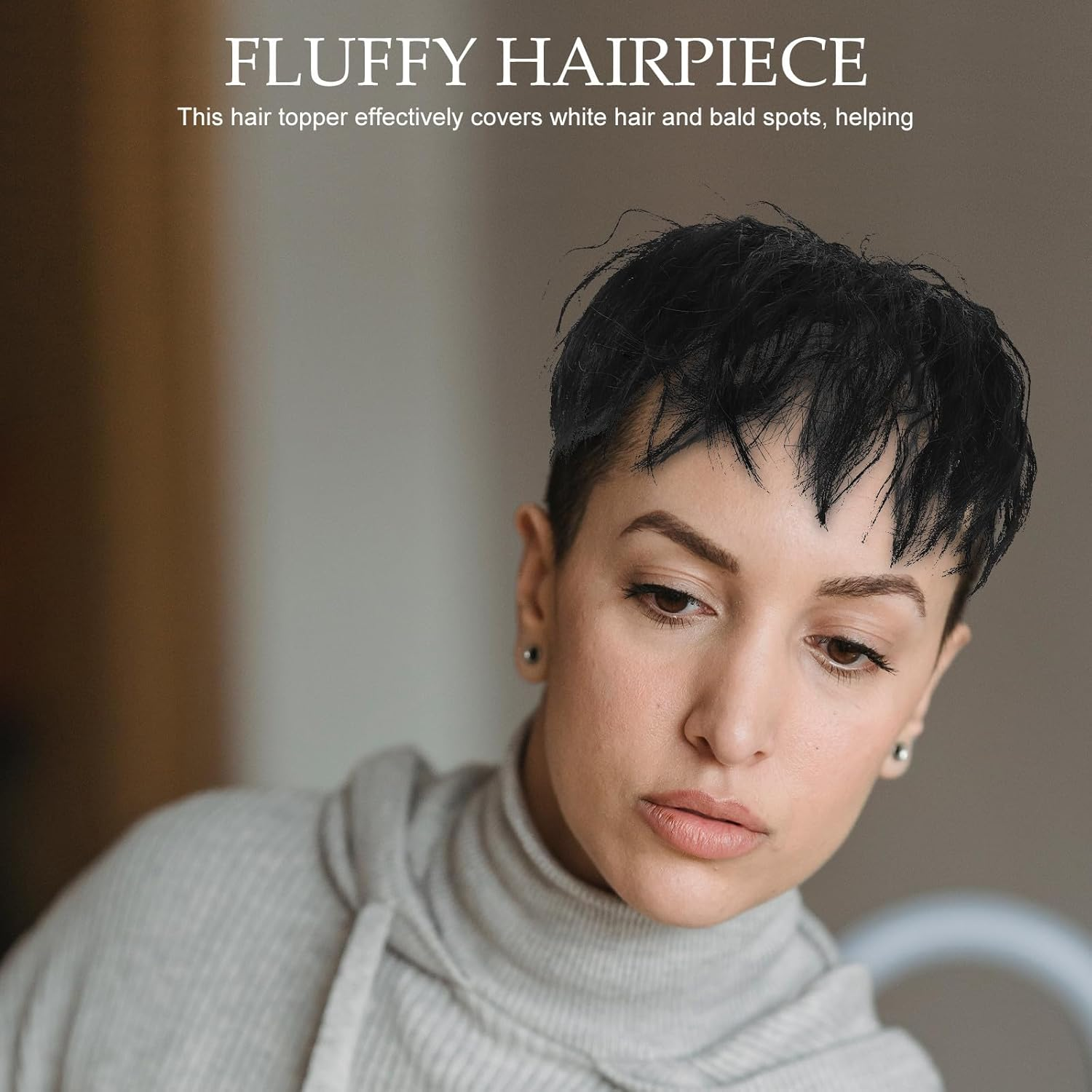 DINHEAROM Human Hair Wiglets Topper Fluffy Wavy Seamless Replacement Clip in Hairpiece for Women Covering White Hair image number 2