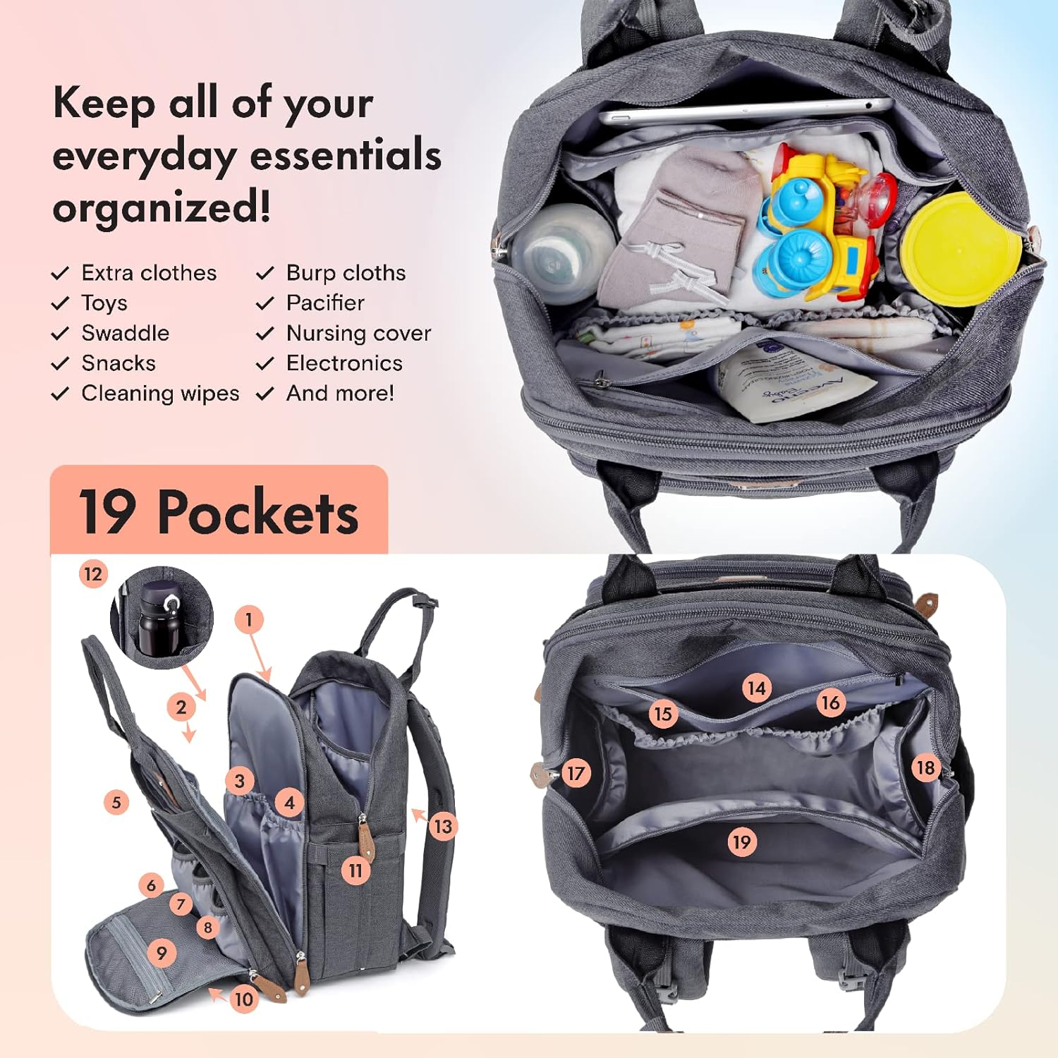 Dikaslon Changing Bag Backpack, Large Nappy Back Pack Multifunction Baby Bags with Portable Changing Mat, Pacifier Holder, and Stroller Straps, for Mom and Dad image number 2