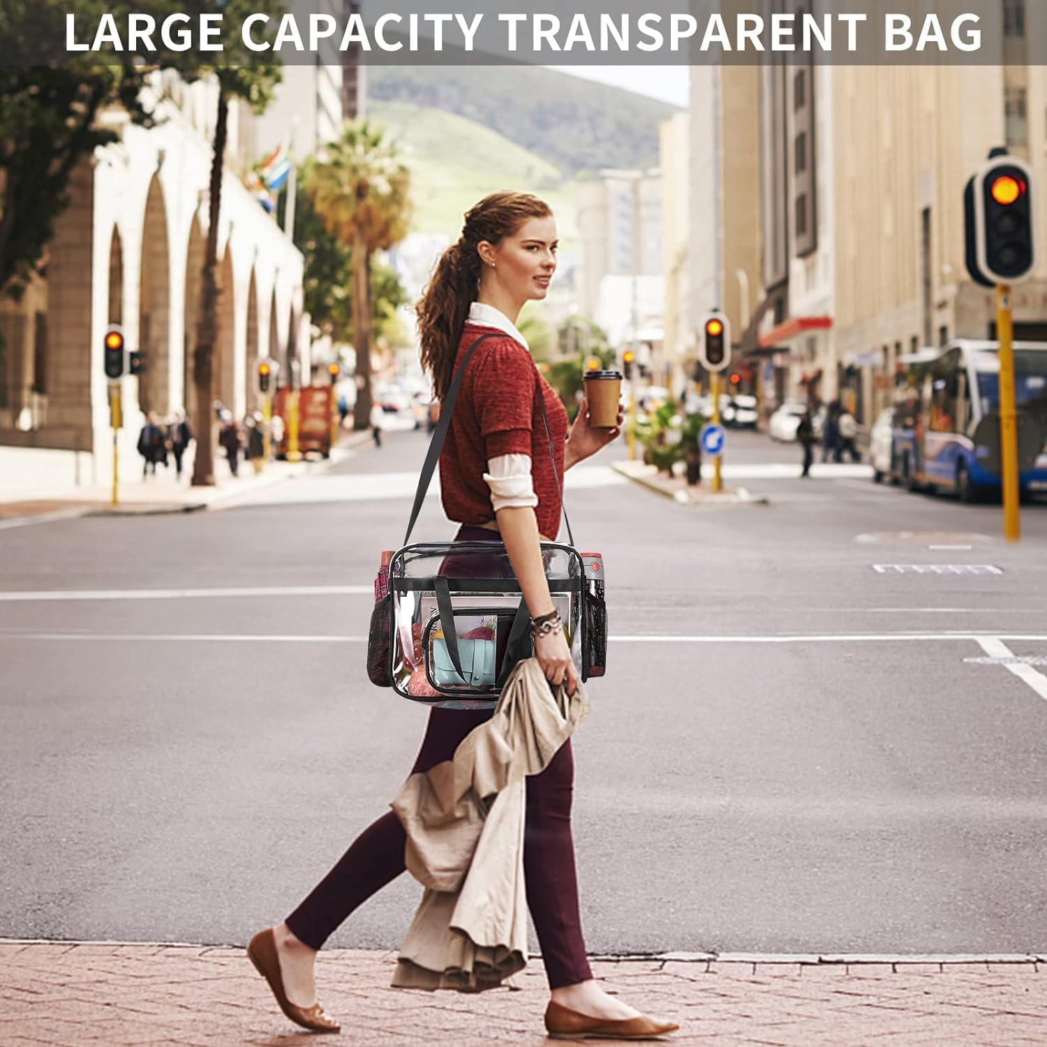 Homiliky Clear Toiletry Bag, PVC Waterproof Transparent Cosmetic Storage Bag Portable Travel Makeup Tote Bag for Women Men Lightweight Tote Shoulder Bag with Handles for Beach Stadium Sports image number 3