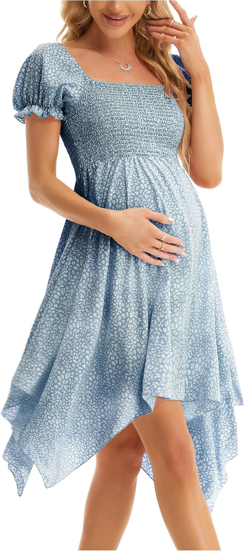 Maternity Summer Short Puff Sleeve Floral Maternity Dress, Square Neck Flowy Irregular Hem Baby Shower Dress image number 5