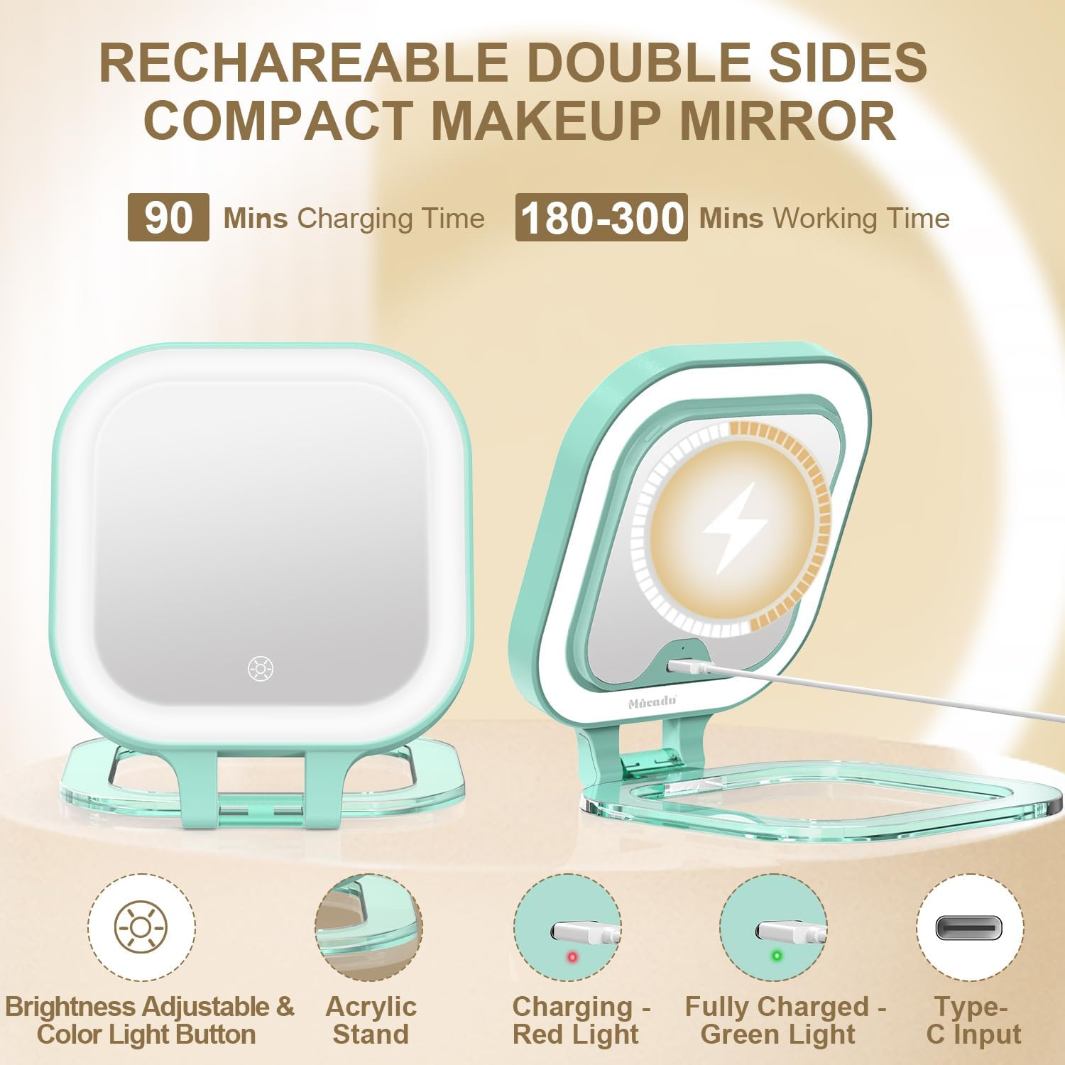 Mocado Compact Travel Makeup Mirror, 1X/30X Magnifying Mirror with Light, Double Sides Compact Mirror with 3 Color Light, Dimmable Handheld Mirror, Rechargeable Travel for Purse,Pocket(Green) image number 3