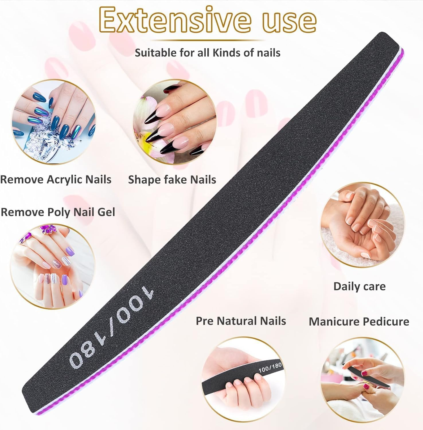 Nail Files, Professional Nail Files,12Pcs 100/180 Grit Double-Sided Emery Board Nail File Set, Washable Nail Files Tools for Manicure image number 1