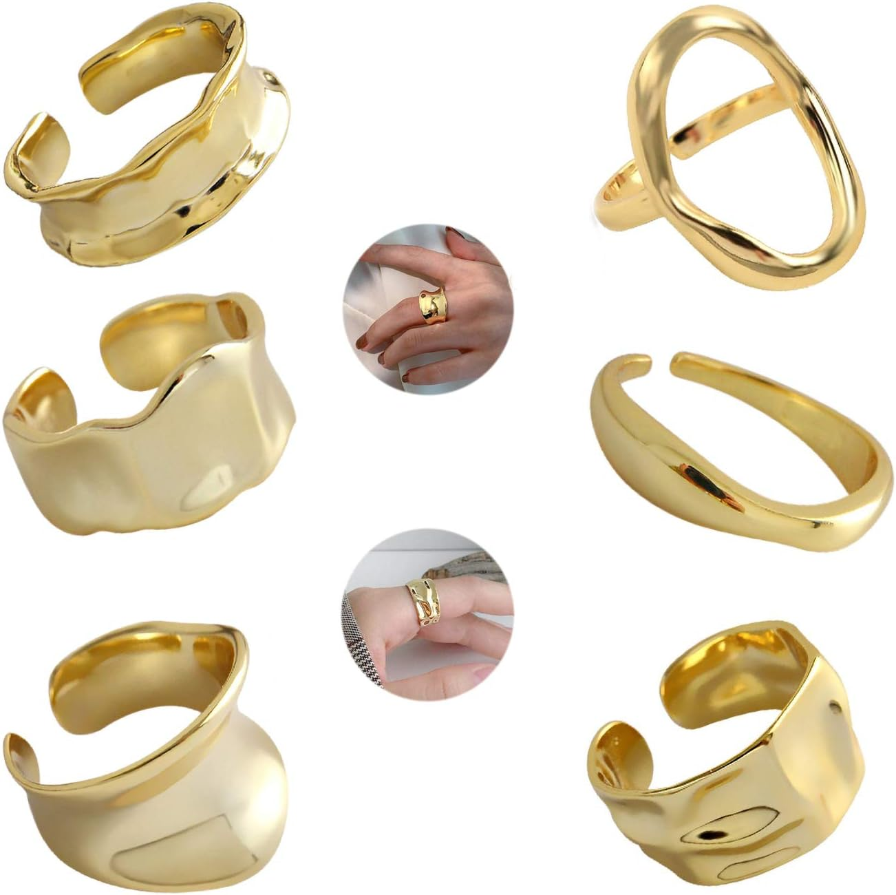 WAINIS 6 Pcs Chunky Gold Open Rings for Women Statement Boho Adjustable Rings Set