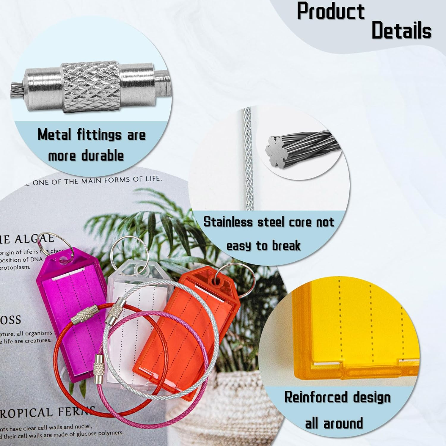 24Pcs Plastic Key Tags, 16 Pack Wire Keychain Cable Large Stainless Ring, Key Tags for ID Name Item Identifiers, Luggage image number 6
