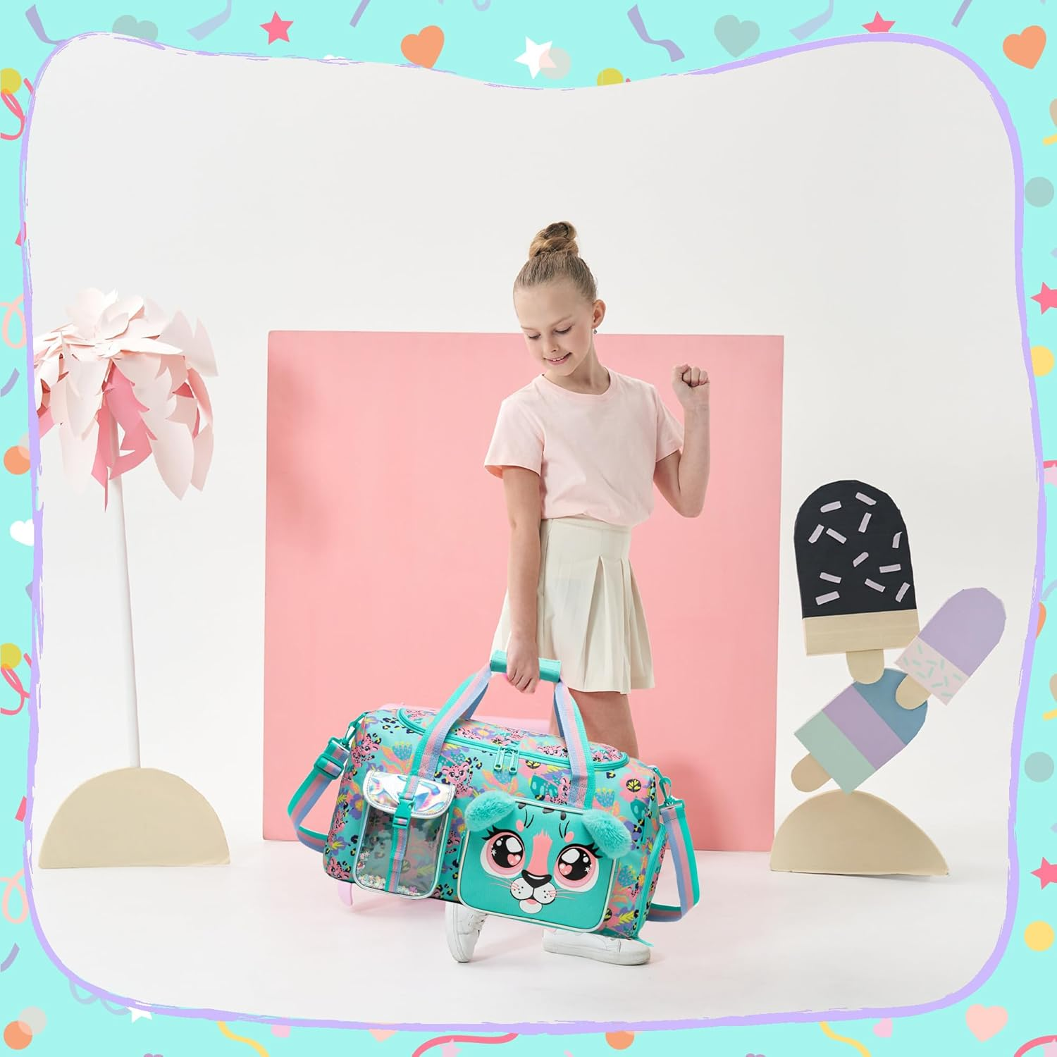 Duffle Bag for Kids Girls Travel Bag Dance Bag for Girls Boys Overnight Bag Kids Gym Bag, Green Leopard - Green Leopard image number 4