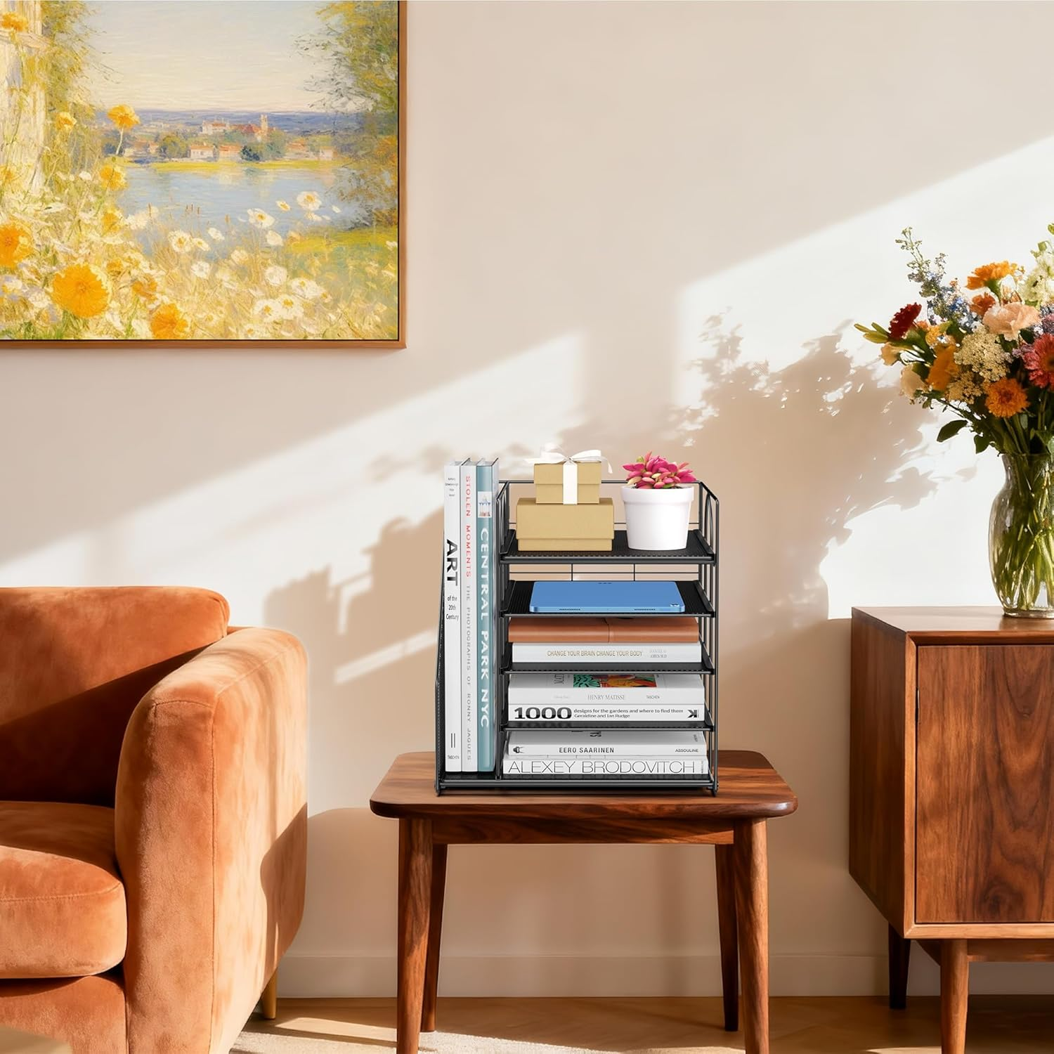 Auvo ADO04 Metal Mesh Desk Organizer, 5-Tier Paper Letter Tray with File Holder, Vertical Magazine/File Holder, Desktop Organizer for Office Supplies, Black image number 3