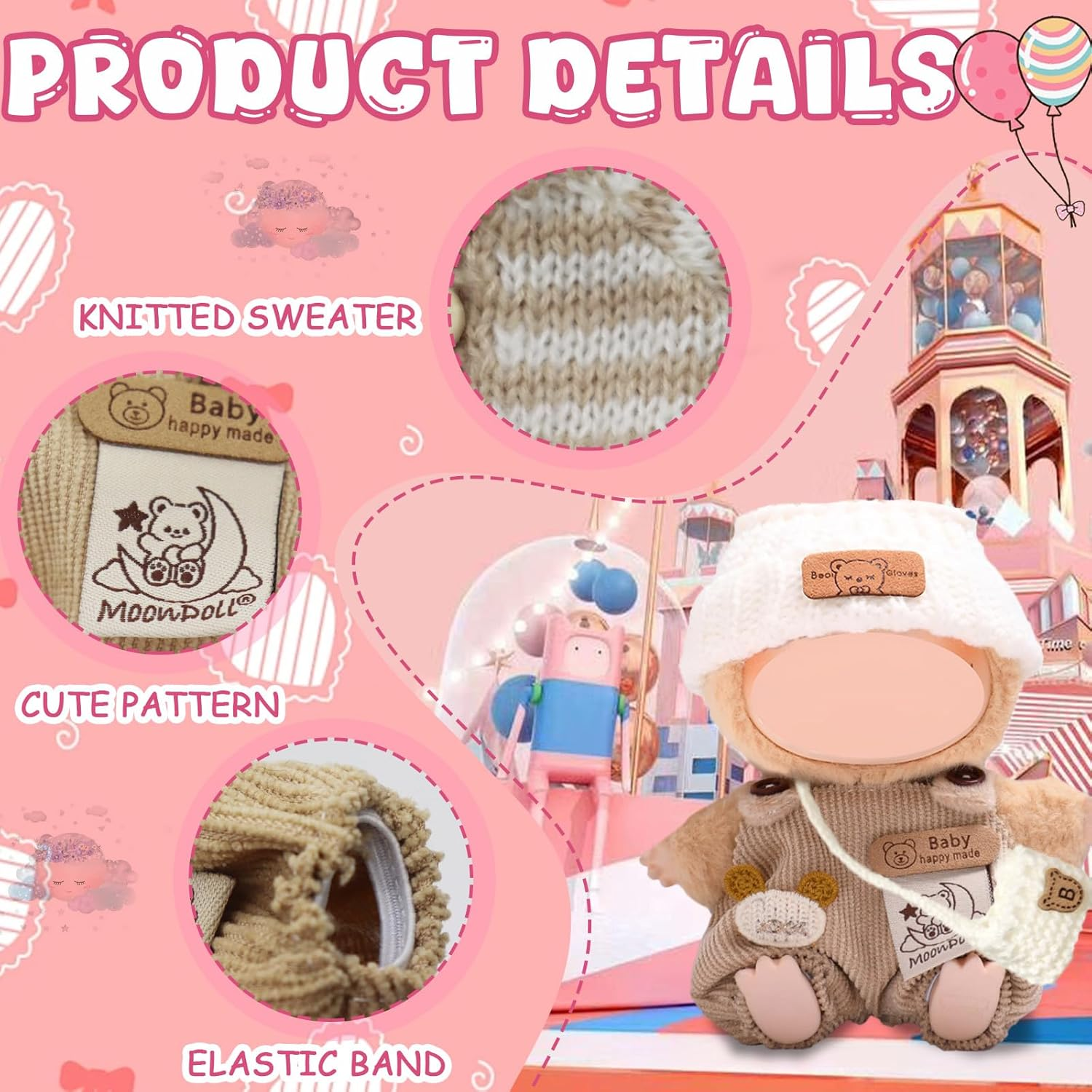 2 X Clothing for 17 Cm Labubu Plush with Pink Bottle Jumpsuit + White Bear Wool Hat + Pink Camera + Hair Accessories with Bow + Chanel Style Jumpsuit for Clothing DIY Children Gifts (Khaki) image number 3