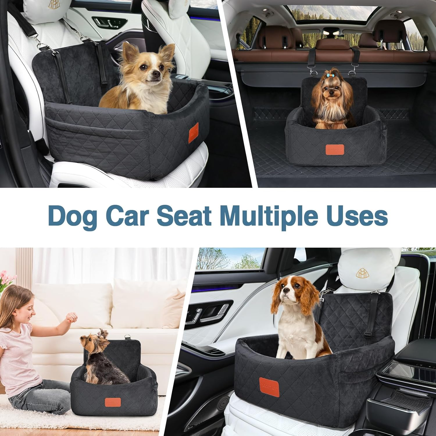 Dog Car Seat for Small Dogs under 25 Lbs, Washable Pet Travel Bed with Memory Foam, Detachable Cover, Storage Pockets & Safety Leash, Non-Slip Bottom(Black) image number 5