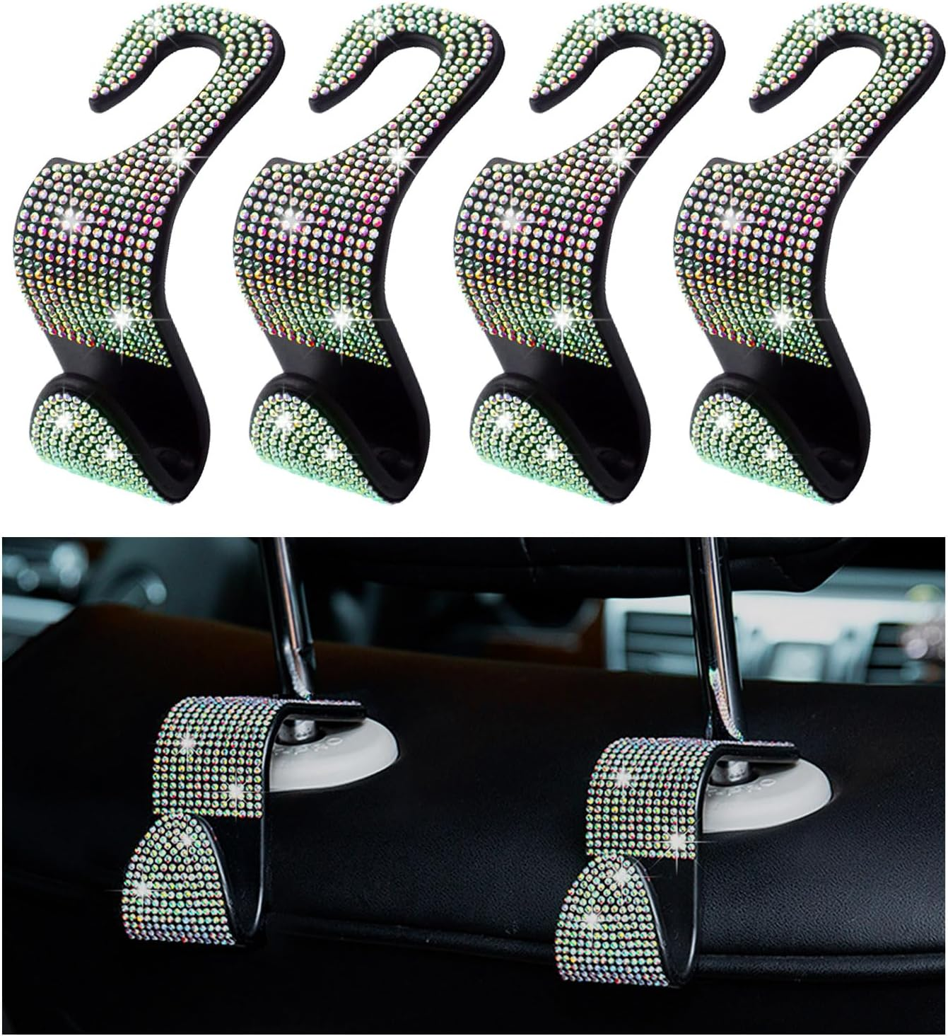 Augeny 2 PCS Bling Car Seat Headrest Hooks, Crystal Rhinestone Back Seat Hanging Storage Organizer, Auto Purse Bags Hanger, Universal Vehicle Interior Accessories for Women Girls (Purple)