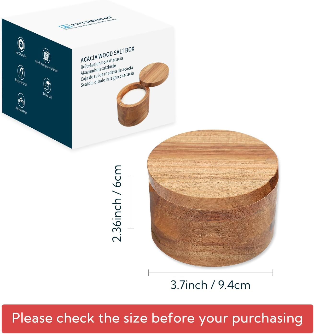 KITCHENDAO Acacia Wood Salt Cellar Bowl Box, Elegant Kitchen Salt Container Holder with Swivel Magnetic Lid to Store Pepper Spice Bath Salt Sea Salt Herbs or Favorite Seasonings, 6Oz - Acacia(No Spoon) image number 1