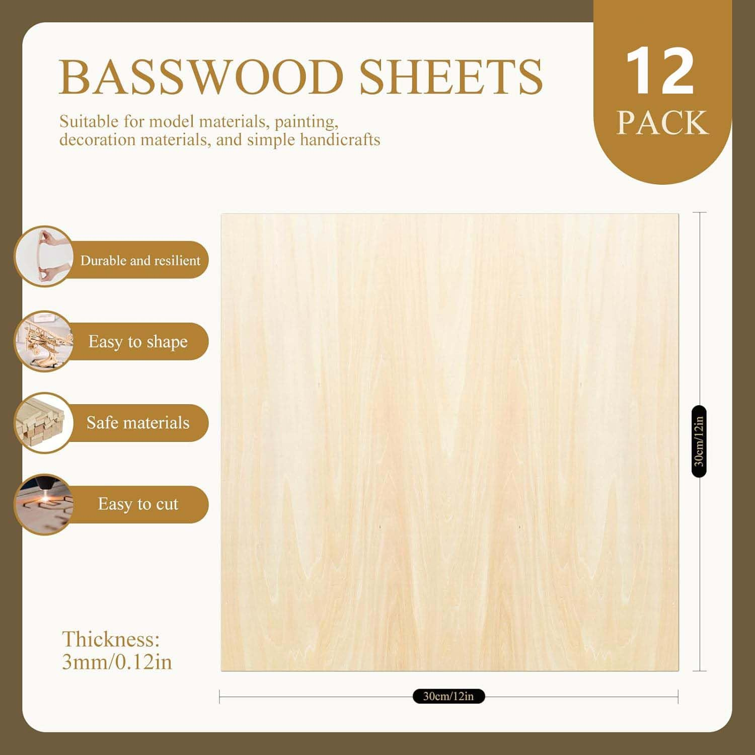 12 Pack 12"X12"X1/8" Basswood Sheets 3Mm Basswood Plywood,Craft Wood Balsa Wood,For DIY Ornaments and Model Engraving, Wood Burning, Architectural Models, Drawing、Wood for Laser Cutting image number 1