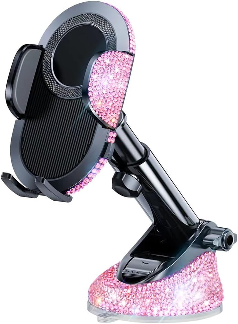Bling Phone Holders for Car Women[Powerful Suction] [Rally Racing-Grade Stability] Sparkle Car Phone Holder Mount Dashboard Windshield Vent for Iphone All Phones (Pink Rhinestone)