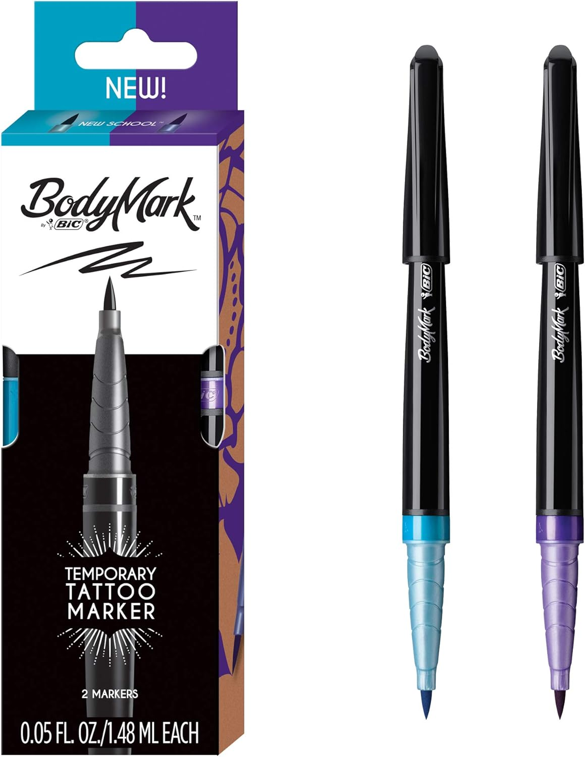 BIC Bodymark Temporary Tattoo Marker with Brush Tip, New School, Light Blue and Purple, Pack of 2 Markers image number 1