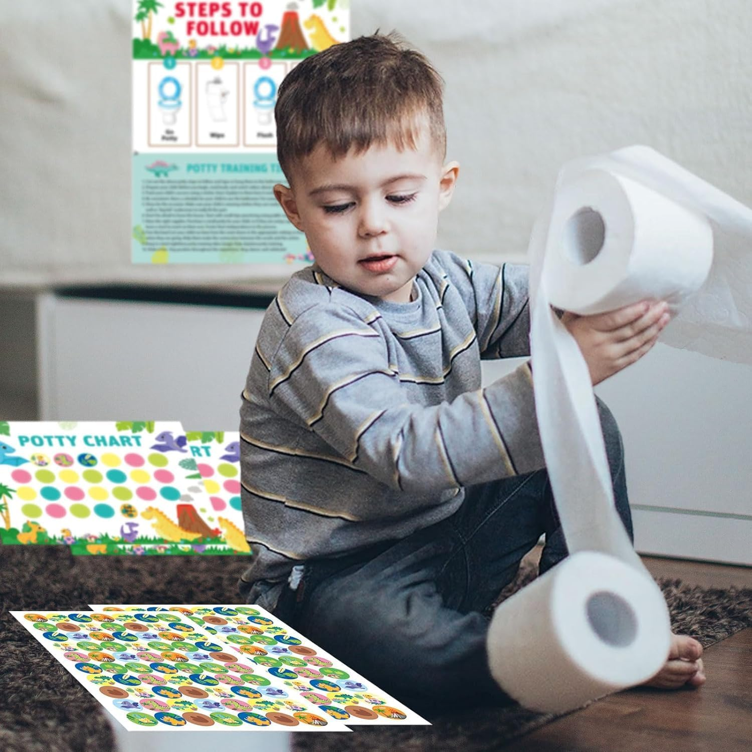 IONPSHG Potty Training Chart for Toddlers Boys & Girls Cartoon Potty Chart with Stickers Toddler Potty Training Sticker Chart for Toilet Training Kids Rewards Chart for Reward Chart on Wall Bathroom (Dinosaur) image number 1