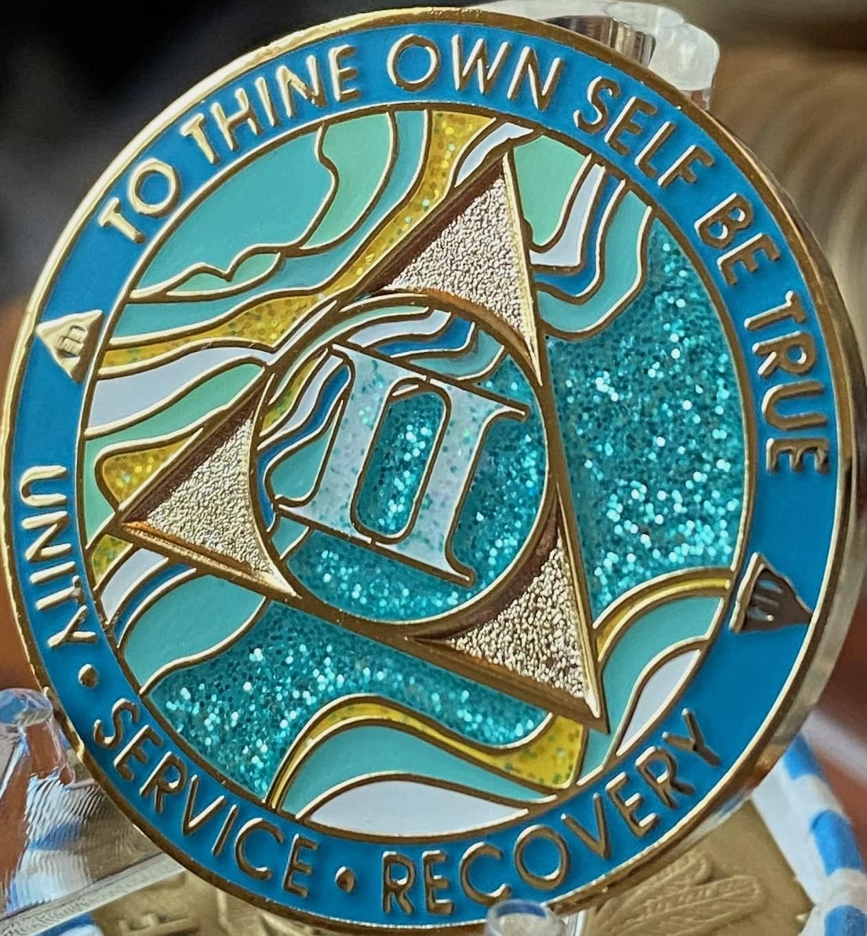 2 Year AA Medallion Elegant Marble Caribbean Aqua Glitter Blue Gold Plated Chip