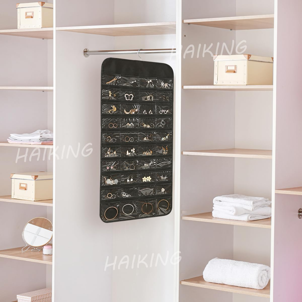 HAIKING Hanging Jewelry Organizer, 1 PCS Jewelry Hanging Storage Organizer with 80 Pockets, for Earrings, Necklaces, Rings (Black) image number 2