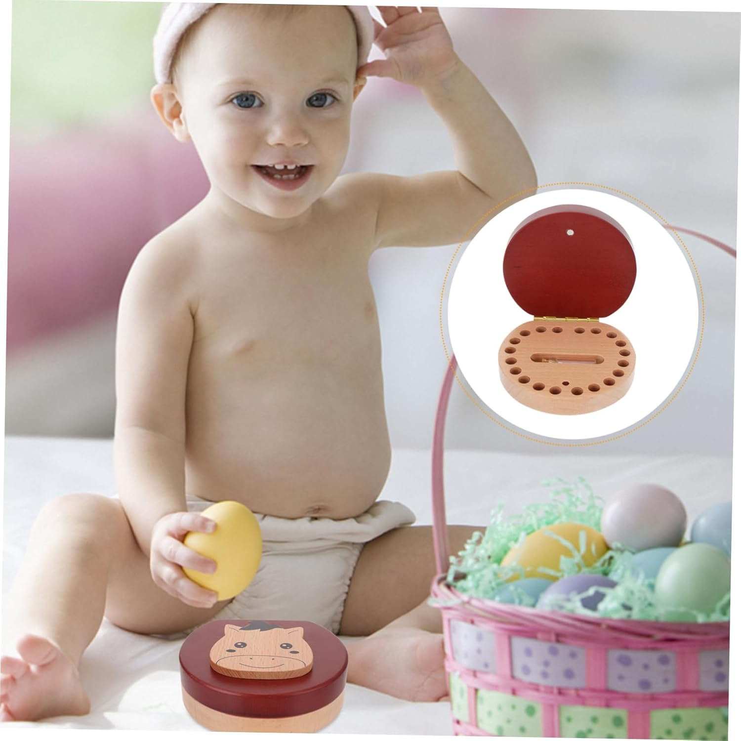 Baby Tooth Holder Wooden Keepsake Box for Boys and Girls Baby Tooth Case with Zodiac Horse Design Small Fetal Hair Organizer for Infant Keepsakes image number 3