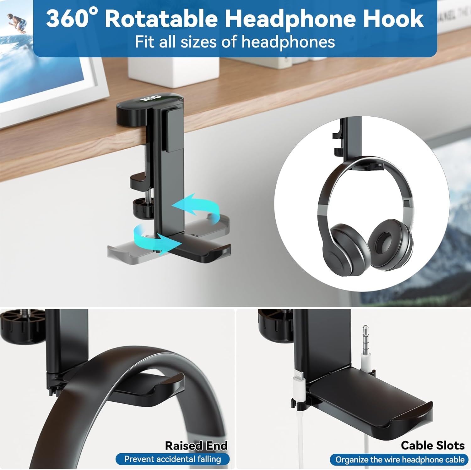 KDD 2 in 1 Headphone Hanger with Desk Cup Holder - under Desk Clamp Rotatable Headset Holder - Suitable for Coffee Mups, Water Cups, Headphone(Black) image number 5