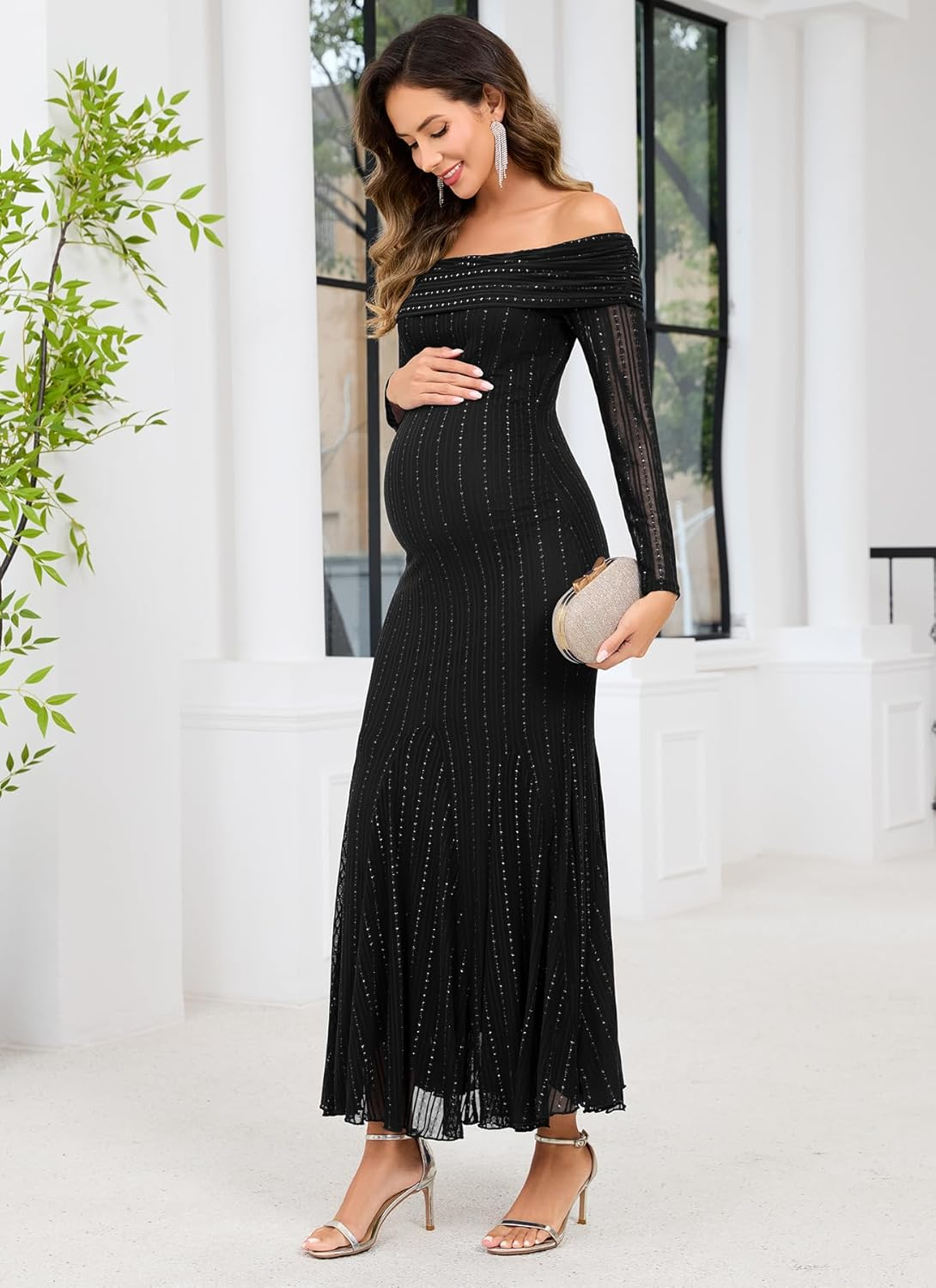 CYCLAMEN Sparkly Maternity Dress for Baby Shower off the Shoulder Long Sleeve Mermaid Pregnancy Gown with Flowy Tail Hem image number 6