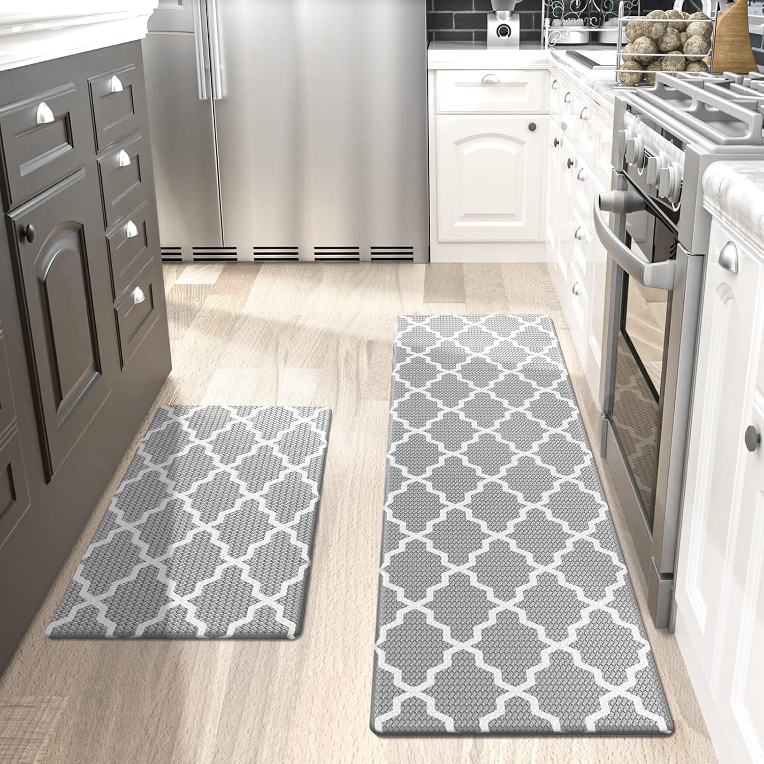 DEXI 2 Piece Kitchen Rugs Set, Non-Slip anti Fatigue Standing Mat for Floor, Waterproof Comfort Runner Rug, Easy to Clean, 44 X 75 Cm+44 X 150 Cm, Grey