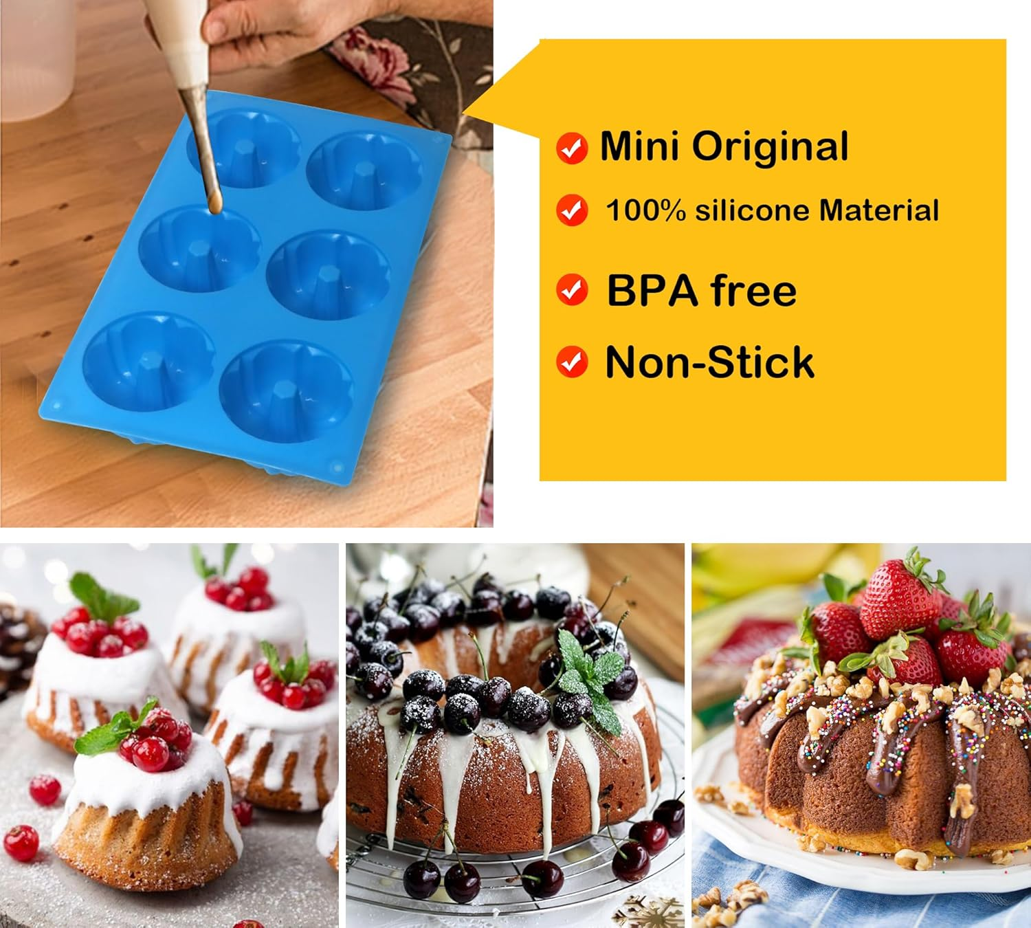 Sidosir Mini Fluted Tube Cake Pan, 6 Cavity Heritage Fluted Tube Cake Silicone Mold for Family Baking,Non Stick Fancy Design Molds for Fluted Tube Cake, Mousse Cups, Jelly - Original image number 5