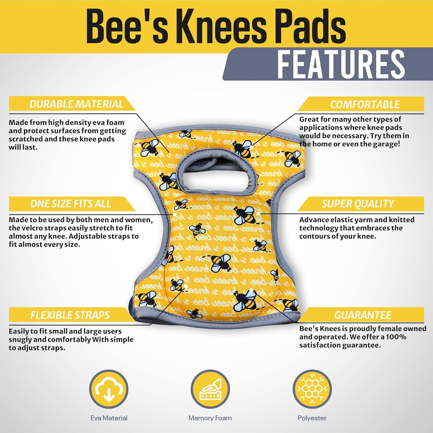 Bee'S Knees Gardening Knee Pads with Soft Foam and Adjustable Straps, Durable and Soft Knee Protection. Water-Resistant Cleaning Floors, Working in Garden, Gardening, Yoga, They'Re The image number 2