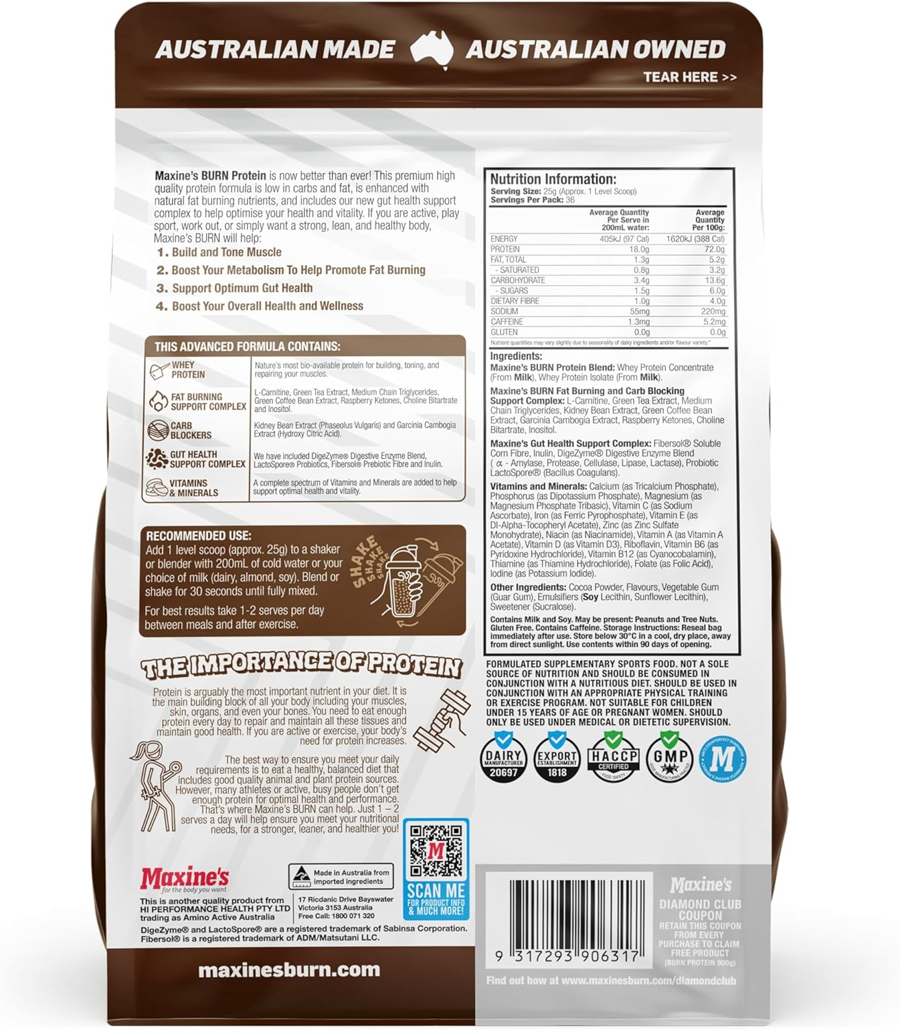 Maxine'S Burn Choc Fudge Brownie Gluten Free Protein Powder 900 G