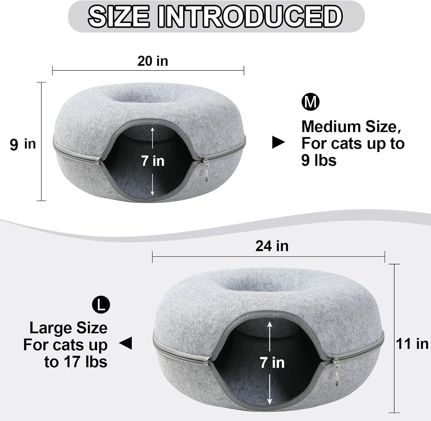 Cat Cave for Multiple/Large Cats up to 9 Lbs, Tunnel Bed, Scratch Detachable and Washable Large Donut Bed (Light Grey, L (24 * 24 * 11Inch)) image number 6