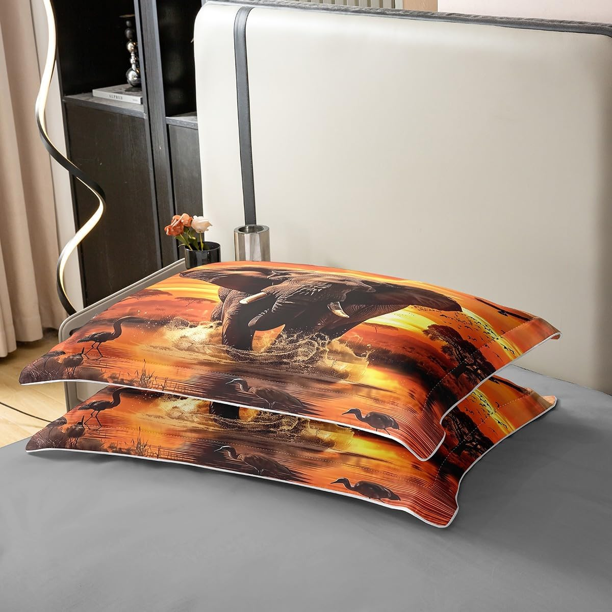100% Cotton Elephant Bed Linen Set, Sunset Landscape Bed Linen, African Wildlife Duvet Cover 200 X 200.2 Cm Pillowcases, Eagle Comforter Cover, Animal Theme Duvet Cover for Room Decor, Orange image number 1
