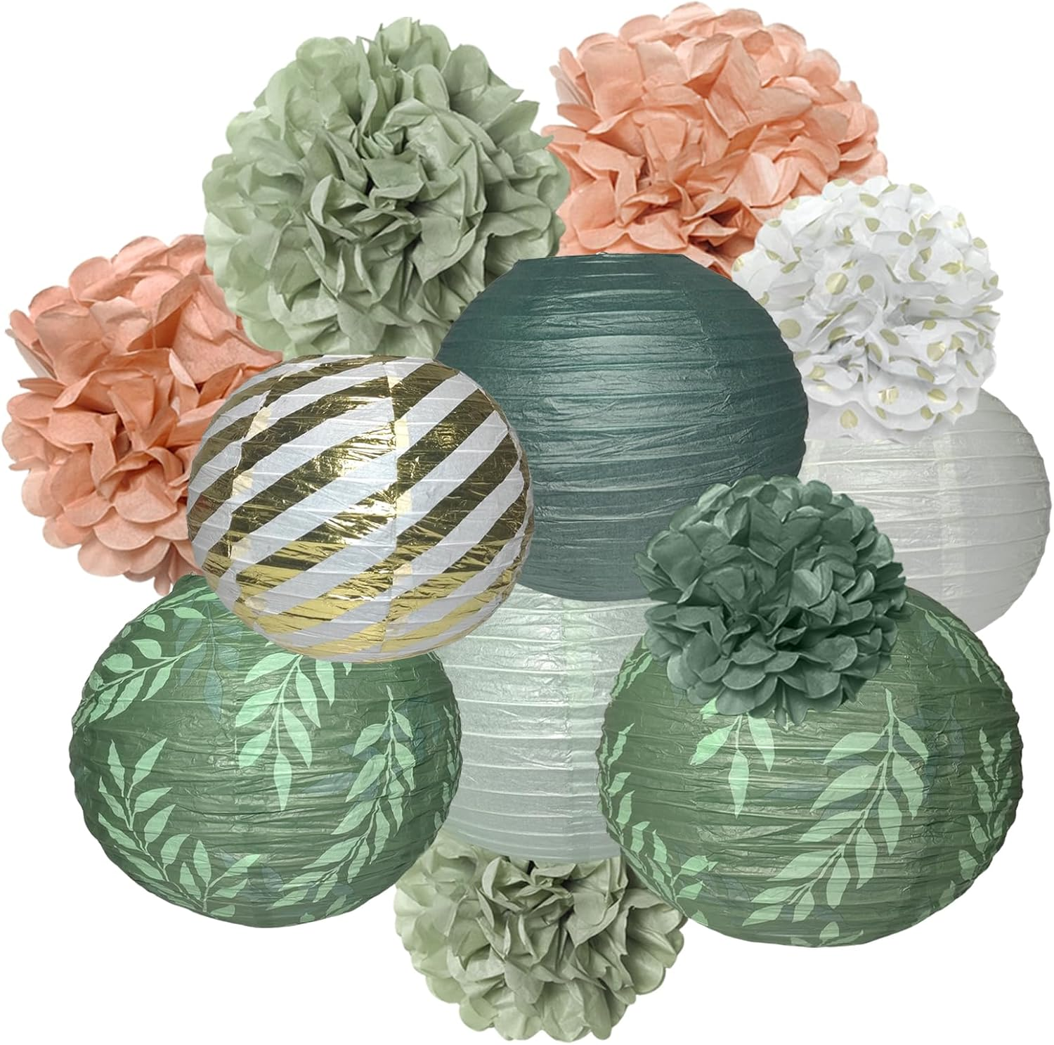 Pack of 12 Paper Lanterns Set Party Decoration in Green, Pink, Gold & White round Paper Lanterns Pompoms for Bride, Lampshade, Birthday Party, Engagement, Wedding, Party image number 2