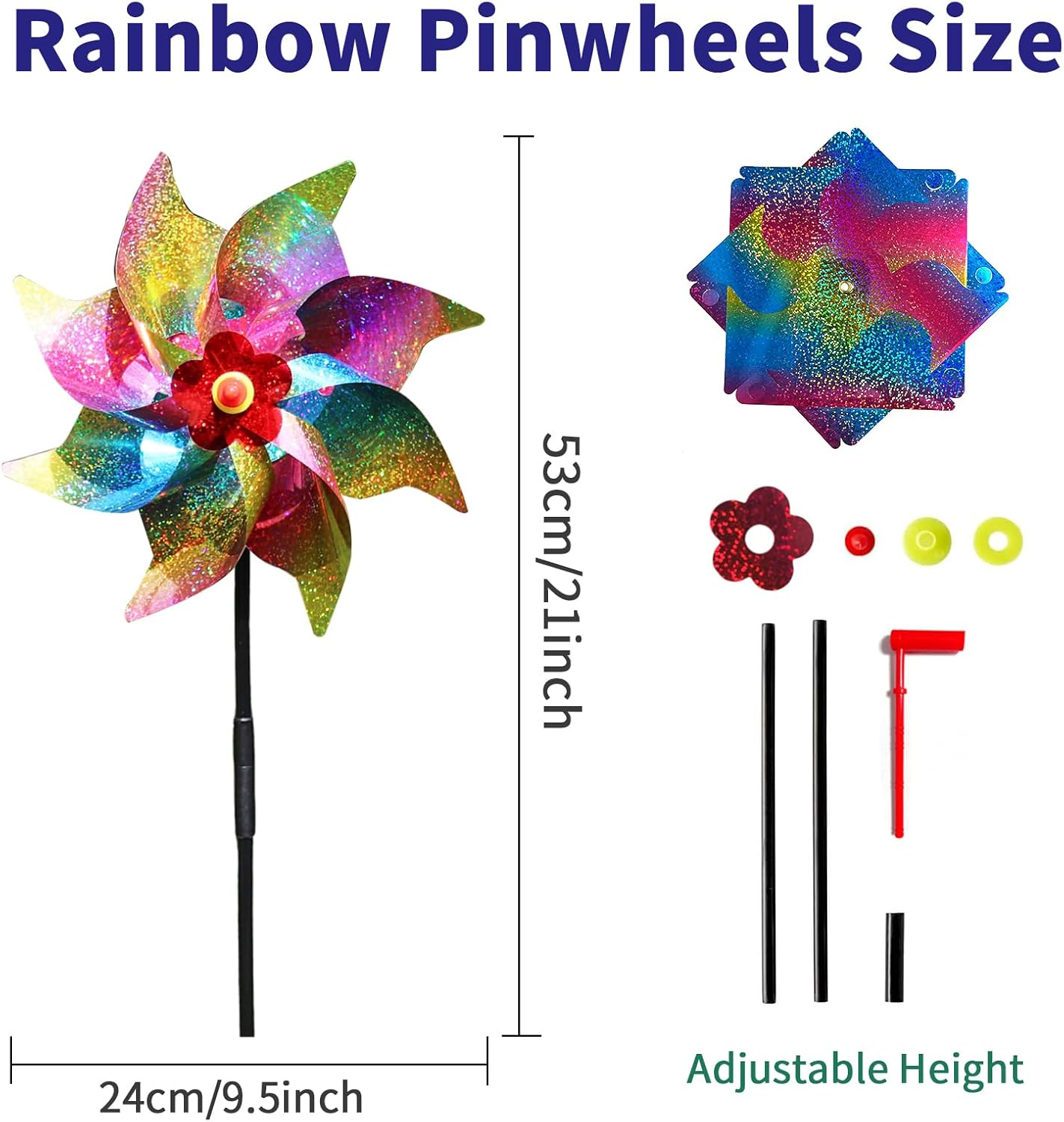 10 Pieces 21 Inches Rainbow Reflective Pinwheels with Stakes Windmill Wind Spinners Outdoor for Yard Garden Lawn Farm Decor Bird Repellent, Large Plastic Foil Pin Wheels for Birds Animal Deterrent image number 1