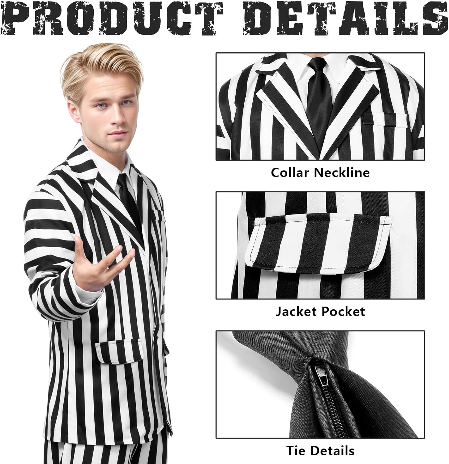 Men Black and White Striped Suit Cosplay Halloween Costume,Adult Horror Comedy Character Cosplay Outfit with Jacket, Shirt, Pants, Tie, Wig,For Men Scary Halloween image number 2