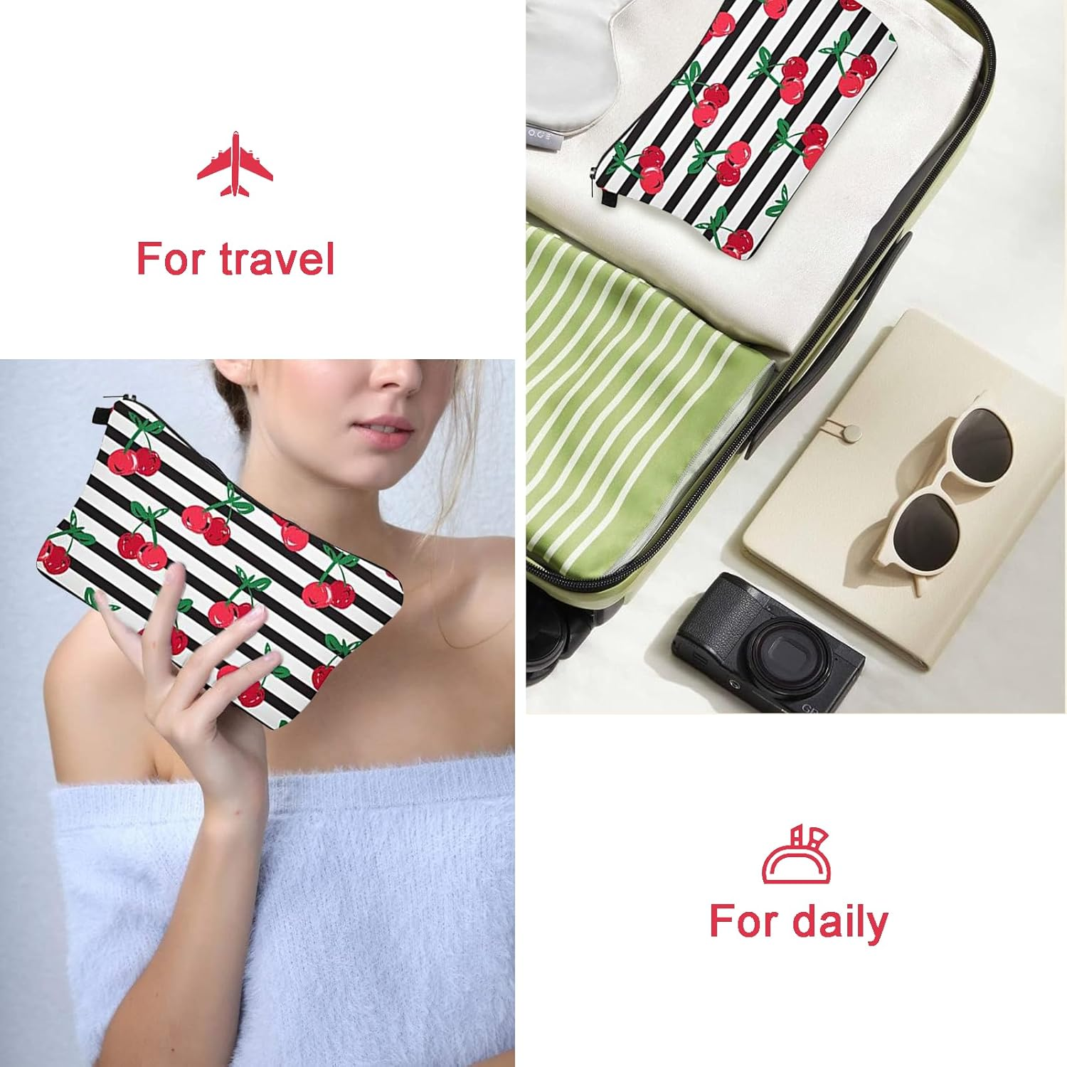 Rylaxzon Makeup Bag for Travel, Small Makeup Bag with Zipper, Waterproof Small Cosmetic Pouch for Purse Mini, Cute Traveling Bag Small for Ladies & Women (Stripes Cherry) image number 4