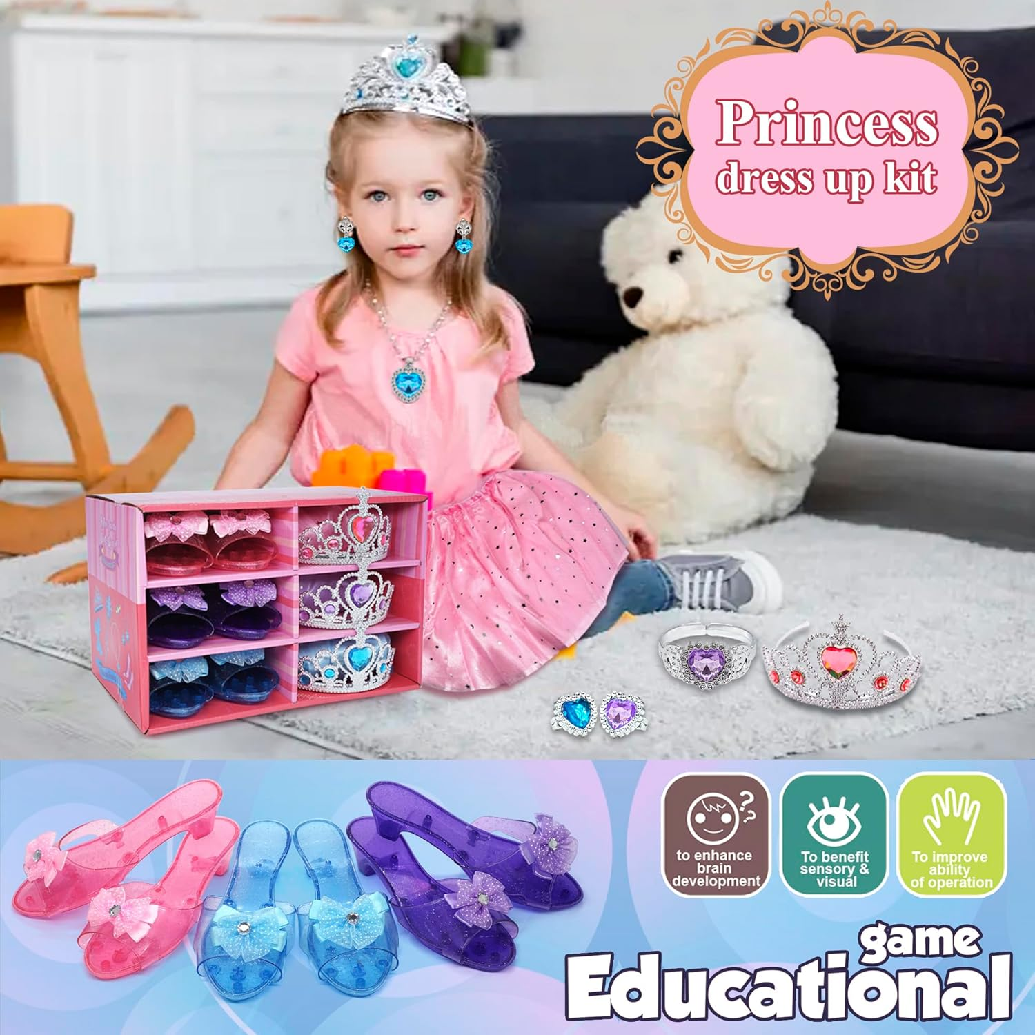Princess Dress up Shoes Jewelry Set, Toys for Girls Shoes Costumes Set Incl Color Skirts, Shoes, Crowns, Earring, Bracelet, Ring, Kids Christmas Party Role Play Birthday Gifts for 3-6 Year Old Girl image number 2