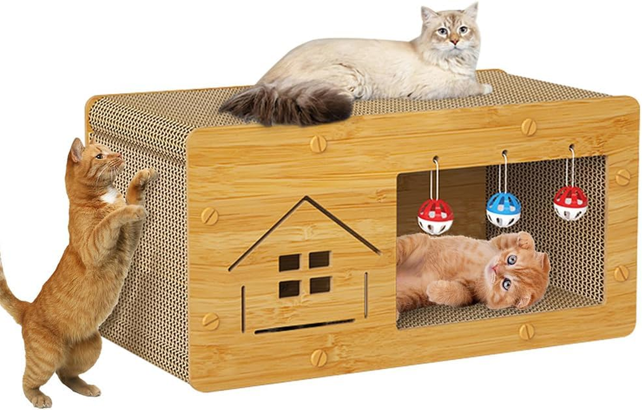 Cat Scratcher House with Cat Cardboard Pad, Wooden Cat Scratcher House with Ball with Bell, Large Space Let Your Kitties Scratch, Play, & Rest Cardboard Cat House Easy to Assemble 60X30X30 Cm image number 3