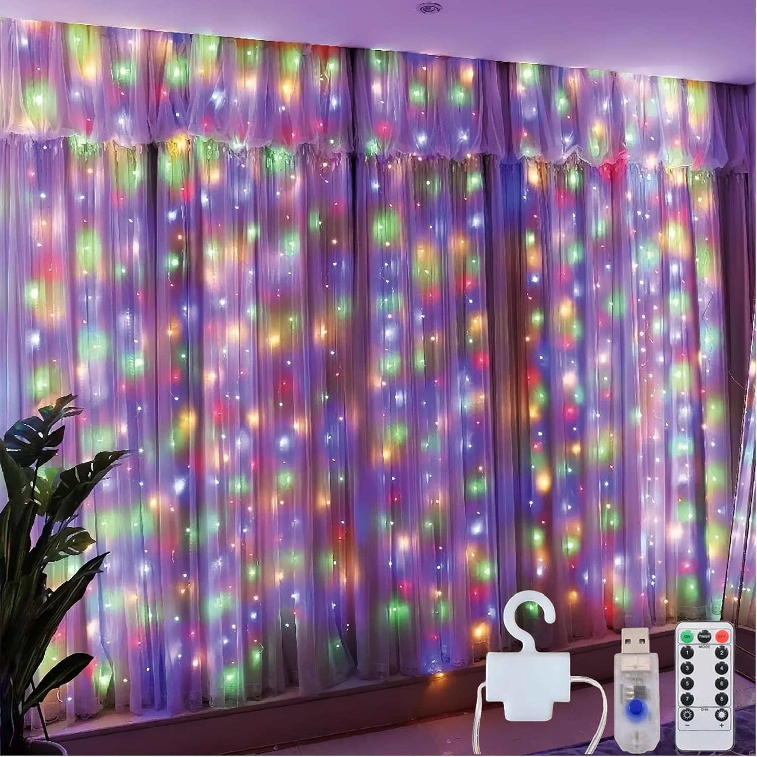 Clearhill 3 * 3Curtain String Lights, 300Led，Pink，8 Modes Fairy Hanging Lights with Remote & Timer, USB Operated, Waterproof for Indoor/Outdoor Decorations - Bedroom, Wedding, Party