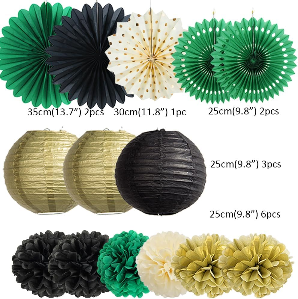 Green Black and Gold Party Decorations Paper Lanterns Black and Gold Tissue Paper Pom Poms Dark Green Black Gold Party Decorations for Fall Birthday Party Birthday Wedding Engagement image number 1