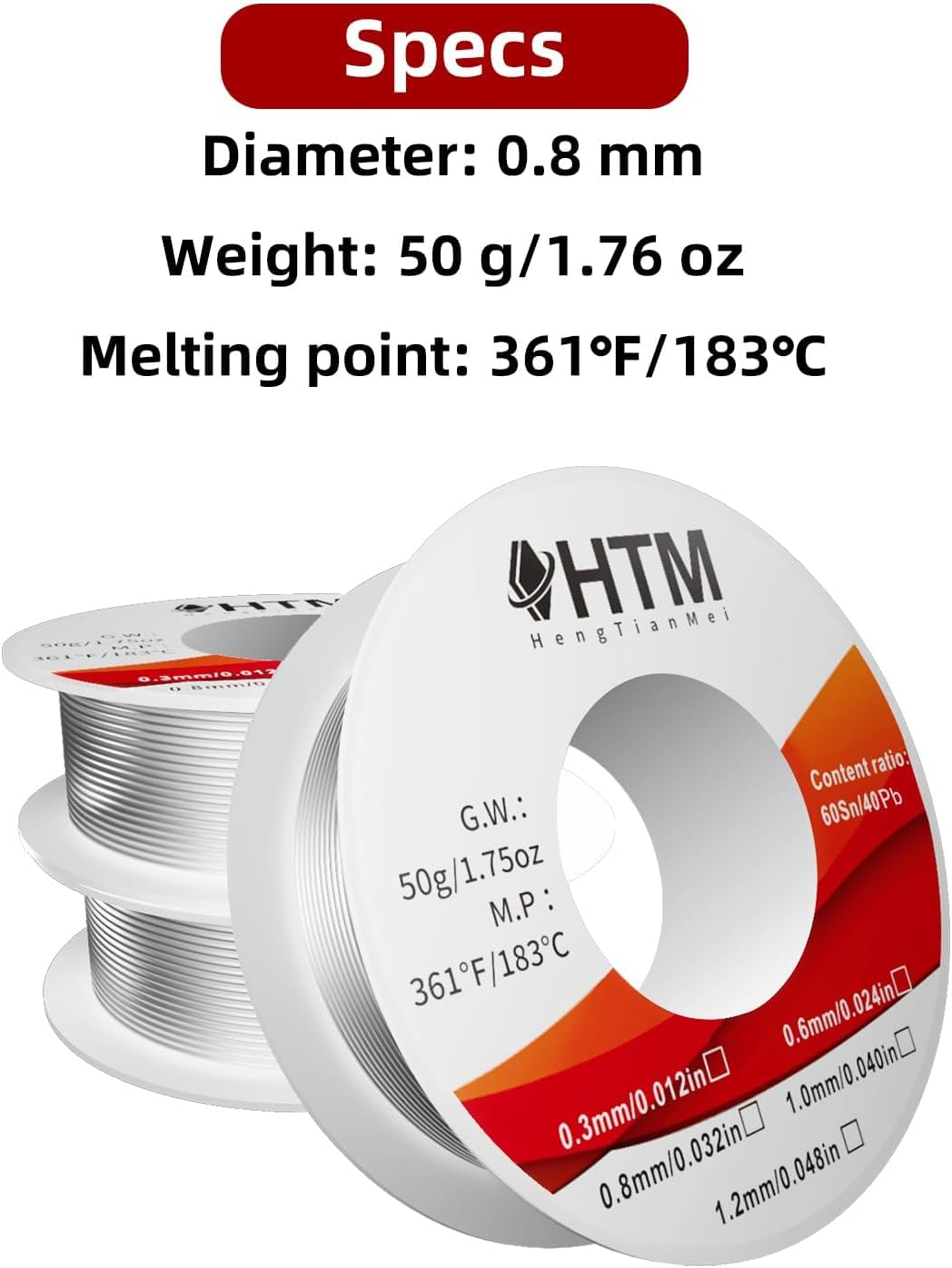 HTM 60/40 Rosin Core Solder Wire (0.8Mm 50G) for Electronics Soldering - Sn60-Pb40 Alloy, 1.8% Flux, 183&deg;C Melt image number 2