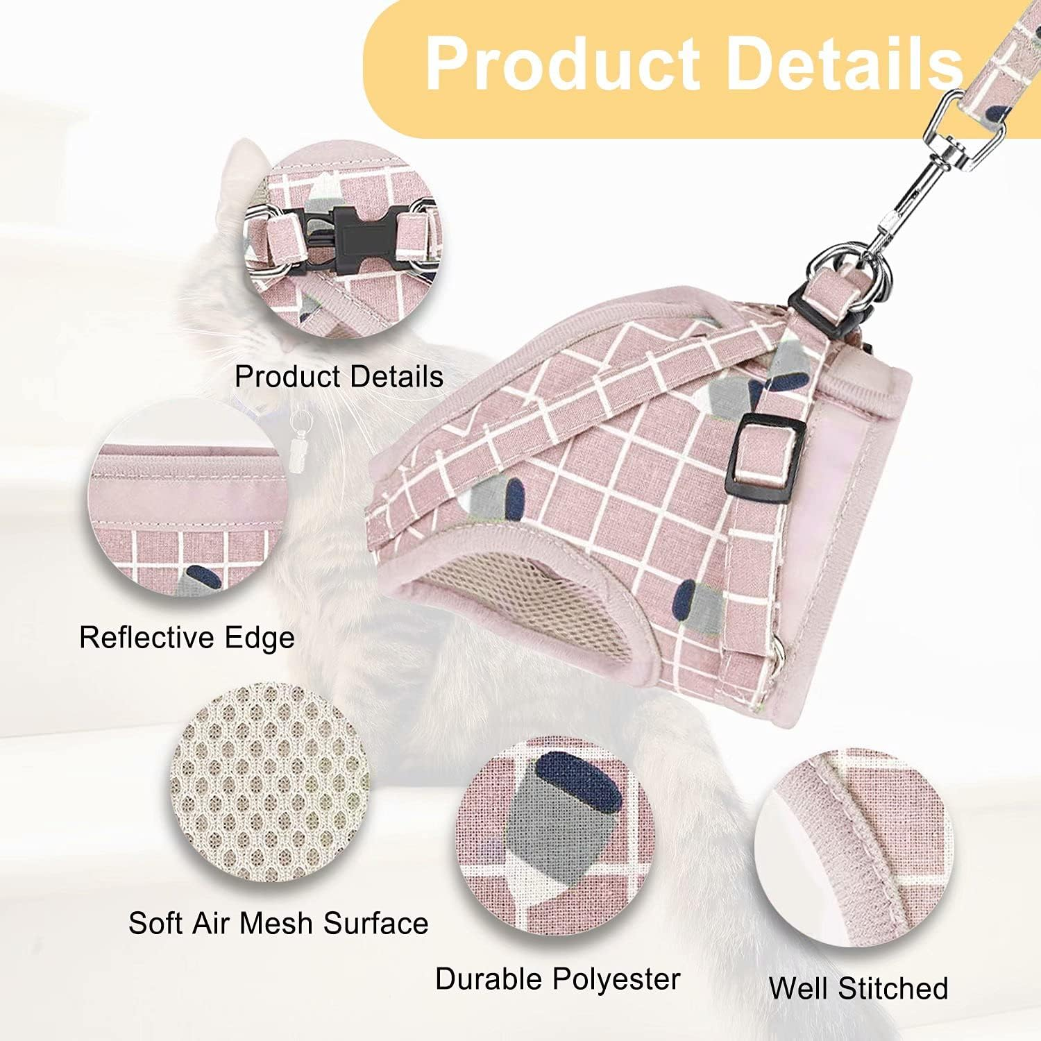 Iziv Cat Harness Leash Set for Walking Escape Proof Soft Mesh Harness Adjustable Kitten Harness with Reflective Strips Step-In Comfortable Outdoor Vest Harness