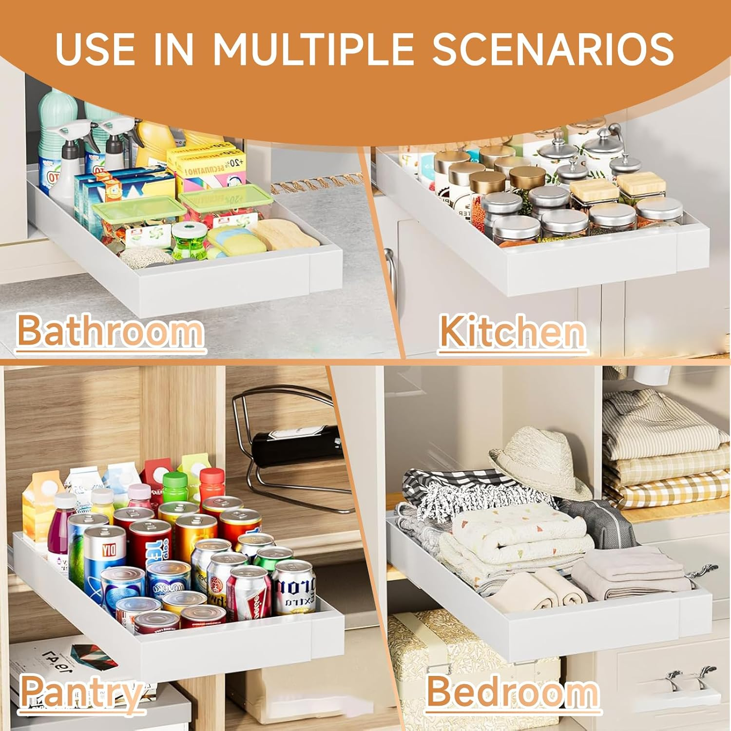 2 Pack Pull Out Drawers for Cabinets,Expandable(31 to 52Cm W) Pull Out Cabinet Organizer with Adhesive Film,Pull-Out Shelf for Kitchen Cabinet,Pantry, Bathroom Storage-42Cm Deep - White-1Pc image number 3