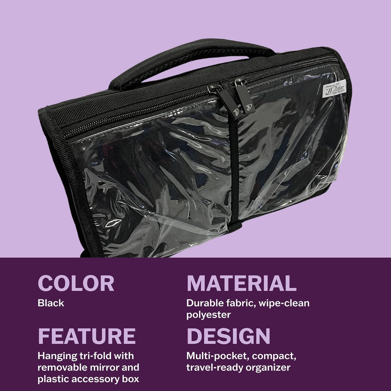 Dream Duffel Attitude Hanging Accessory Case, Black Makeup & Hair Organiser with Mirror, Travel Toiletry Storage Bag image number 2